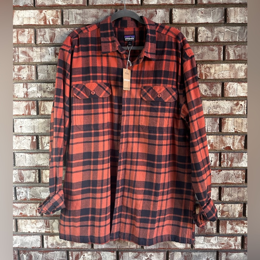 Patagonia Men's Orange and Black Plaid Shirt